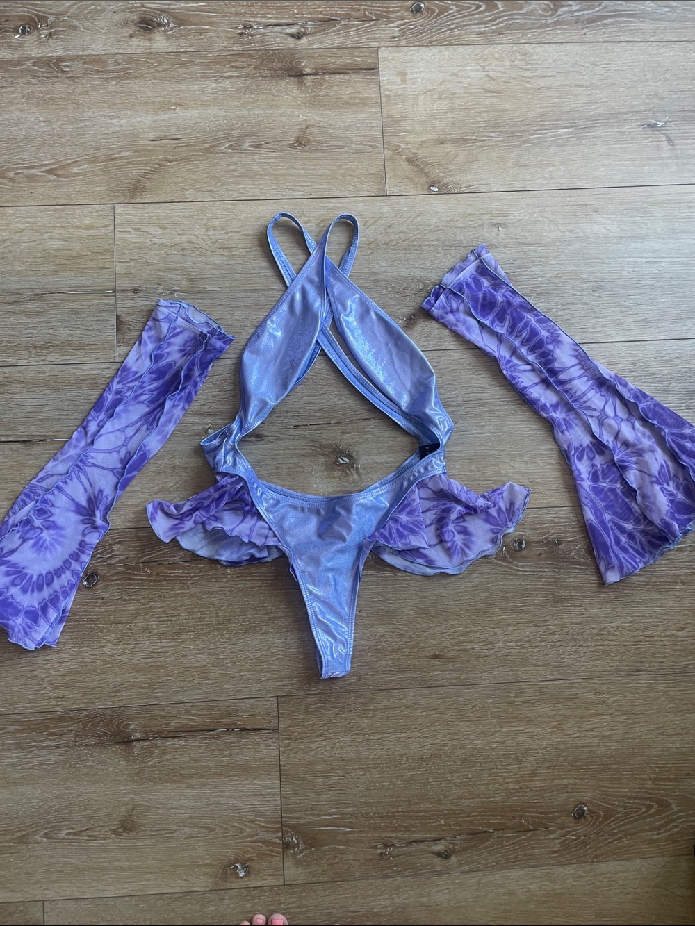 Purple Shimmer Cross-Back Bodysuit with Tie-Dye Sleeves